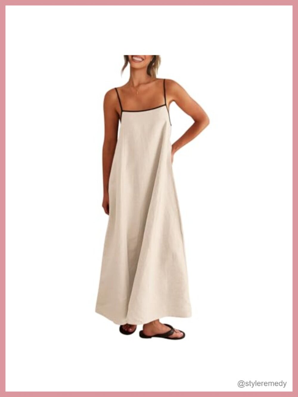 Linen Maxi Dress Spaghetti Strap Back Tie Side Pockets Casual Boho